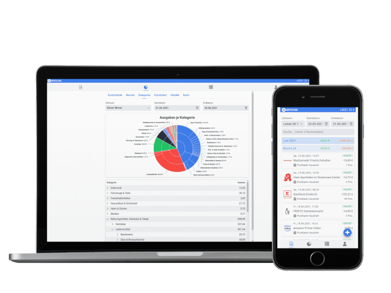 Notebook und Handy mit Screenshots des Haushaltsbuch mit Liste der Einnahmen und Ausgaben und einem Diagramm mit den Ausgaben je Kategorie